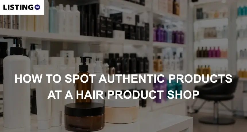 Modern hair product shop with neatly displayed professional hair care products on shelves and a clean salon interior in the background.