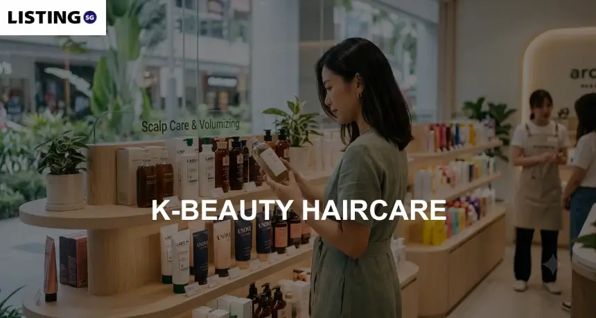 Woman in a green dress examining a K-beauty product in a bottle in a brightly lit boutique with wooden shelves and a window view.